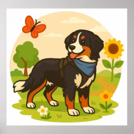 Poster Cute Bernese Mountain Dog with Sunflower & Butterf