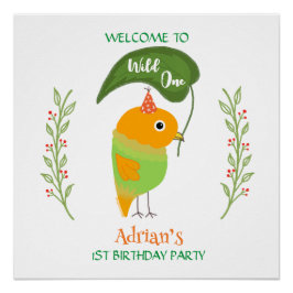 Póster Cute Bird 1st Birthday Welcome Glossy Poster
