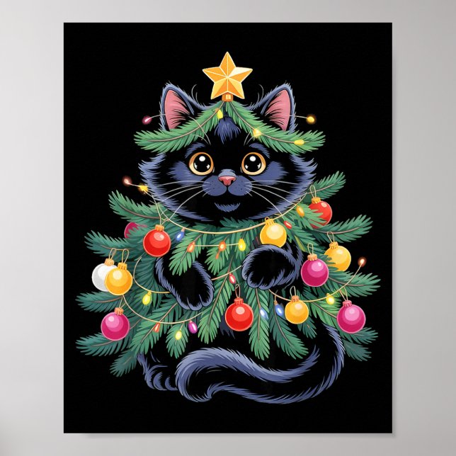 Poster Cute Black Cat Christmas Tree Funny Kitten Lover X (Frente)