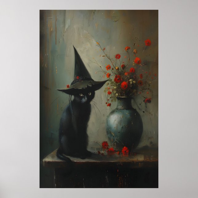 Poster Cute Black Cat Witch With Dark Botanicals, Dark (Frente)