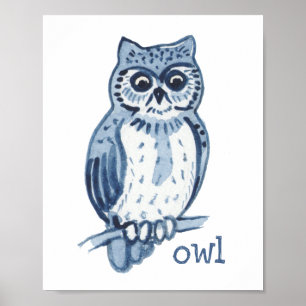 Poster Cute Blue Owl Aquarela Animal Nature Vida Selvagem