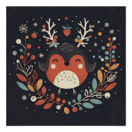 Póster Cute Boho Autumn Robin Wreath Wall Decal