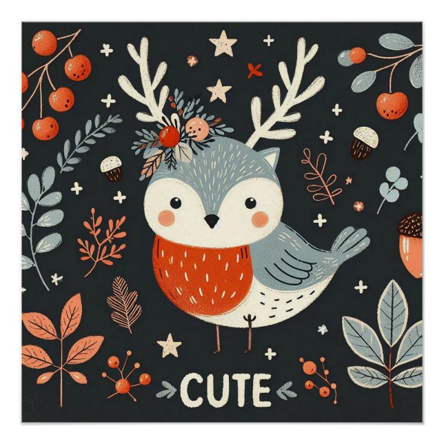Póster Cute Boho Autumn Robin Wreath Wall Decal (Frente)