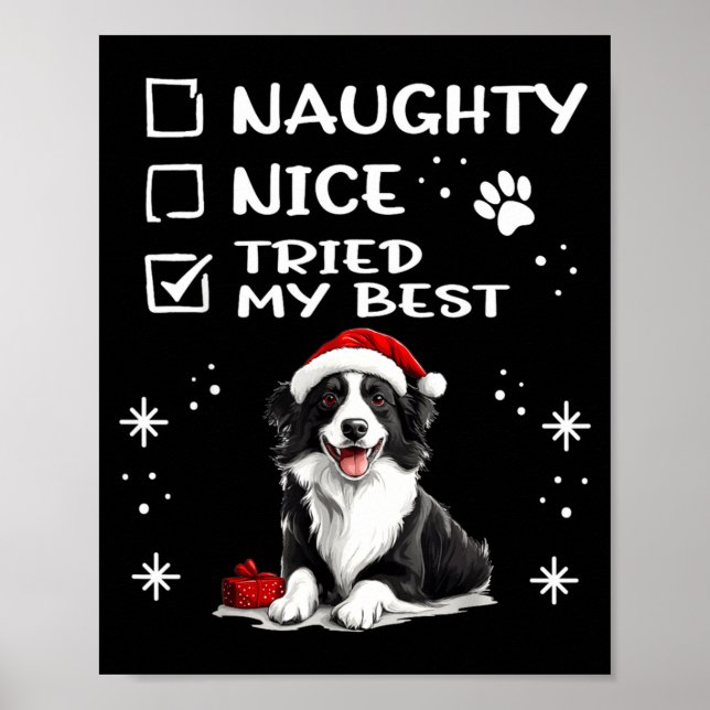 Poster Cute Border Collie Dog Christmas Naughty Nice Trie (Frente)