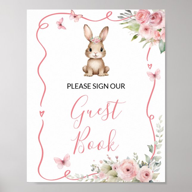 Poster Cute Bunny Baby Shower Girl Guest Book (Frente)