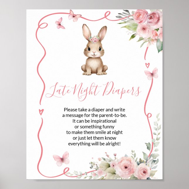 Poster Cute Bunny Baby Shower Girl Late Night Diapers (Frente)