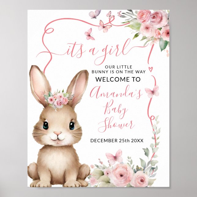 Poster Cute Bunny Baby Shower Girl Pink Floral Welcome (Frente)