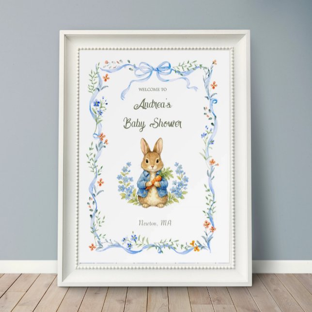 Poster Cute Bunny Boy Floral Blue Bow Baby Shower Welcome (Criador carregado)