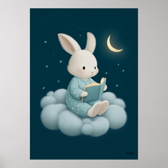 Poster Cute Bunny Reading on Cloud Nursery Bedtime (Frente)
