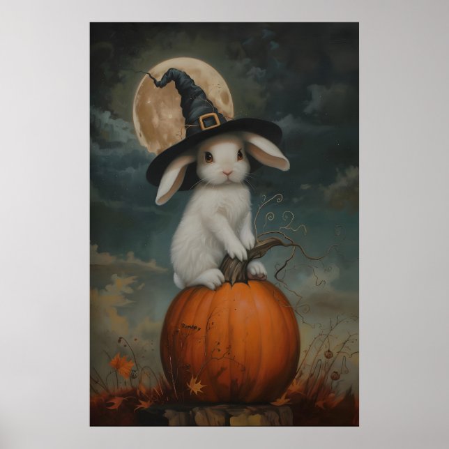 Poster Cute Bunny Witch on Pumpkin Art Printable, Hallowe (Frente)