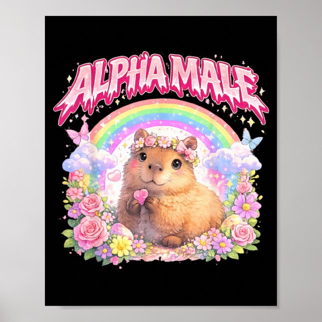 Poster Cute Capybara Arco-íris Floral Engraçado para Home (Frente)