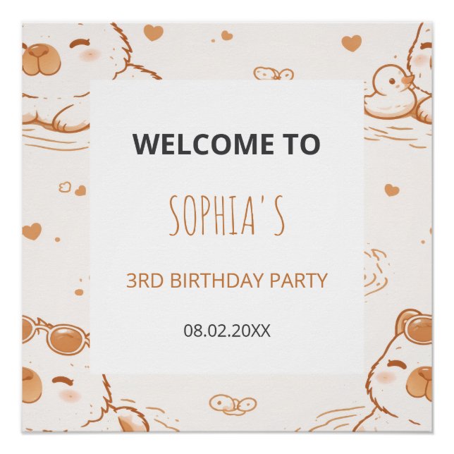 Póster Cute Capybara Kids Birthday Party Welcome (Frente)