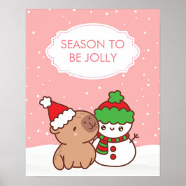 Poster Cute Capybara & Snowman Winter