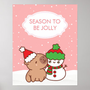 Poster Cute Capybara & Snowman Winter