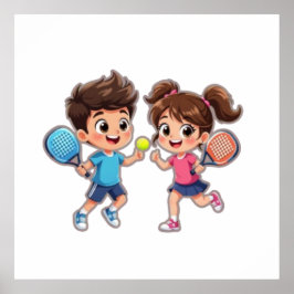 Poster Cute Cartoon Boy and Girl Playing Padel Tennis – F
