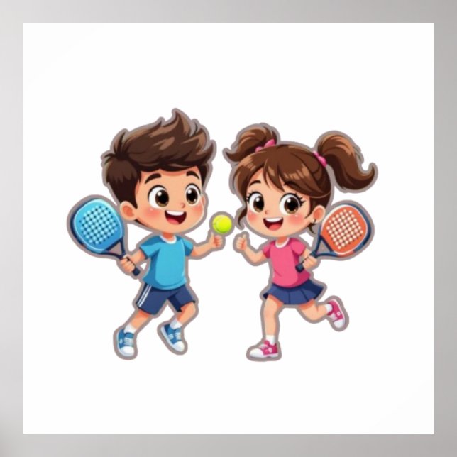 Poster Cute Cartoon Boy and Girl Playing Padel Tennis – F (Frente)
