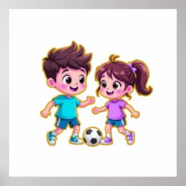 Poster Cute Cartoon Boy and Girl Playing Soccer Together 