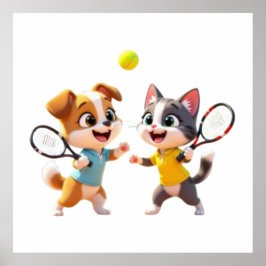 Poster Cute Cartoon Dog and Cat Playing Padel Tennis – Fu