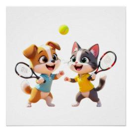 Póster Cute Cartoon Dog and Cat Playing Padel Tennis – Fu