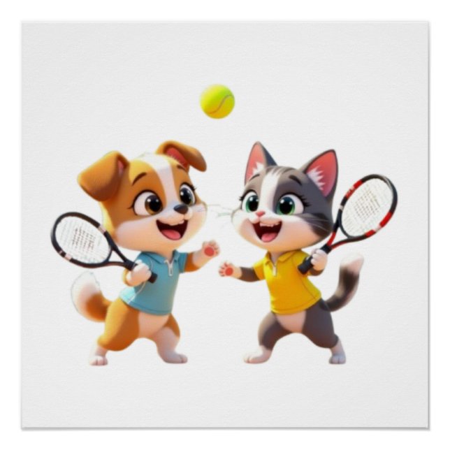Póster Cute Cartoon Dog and Cat Playing Padel Tennis – Fu (Frente)