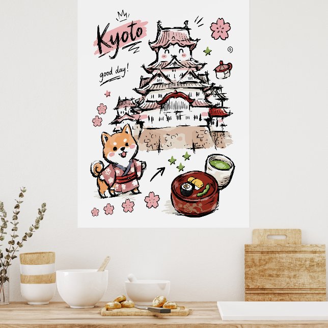 Poster Cute Castelo Japonês Arte Doodle Kyoto (Cozinha)