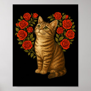 Poster Cute Cat Dia dos Namorados Floral Coração Divertid