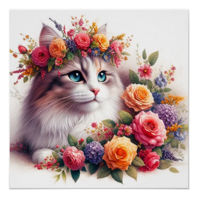 Póster Cute cat flowers painting (Frente)