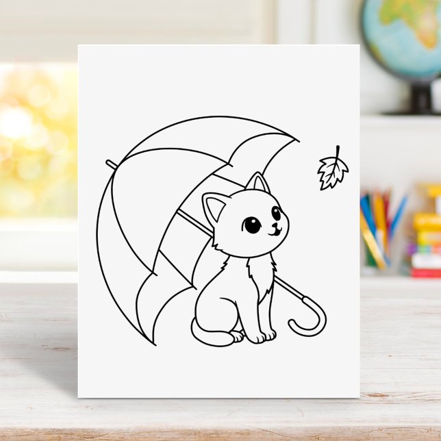 Poster Cute Cat Umbrella Leaf Coloring Page (Criador carregado)