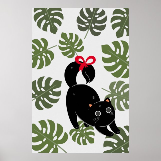 Poster Cute Cat With Bow Monstera Leaves (Frente)