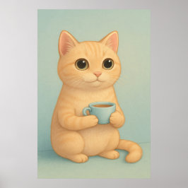 Poster Cute Cat with Coffee Cup – Adorable Pastel Animal