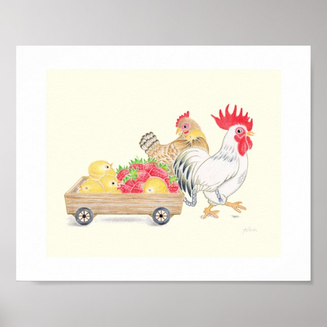 Poster Cute Chicken Family Strawberries Nursery Art   (Frente)