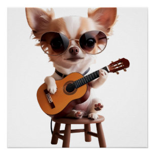 Póster Cute Chihuahua tocando violão clássico cartoon fu