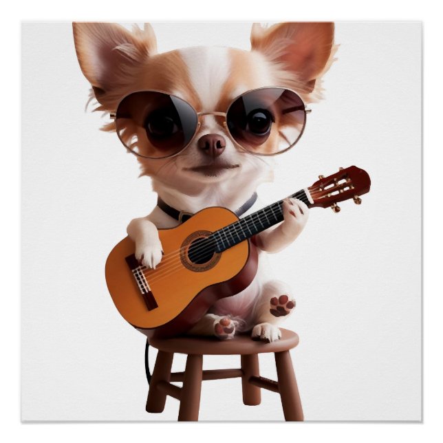 Póster Cute Chihuahua tocando violão clássico cartoon fu (Frente)