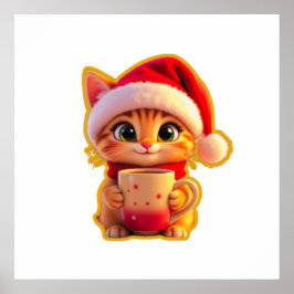 Poster **Cute Christmas Cat with Santa Hat – Funny Holida
