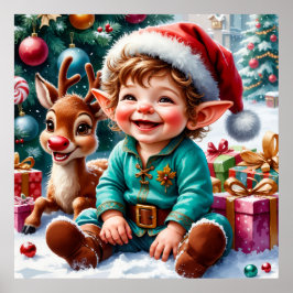 Poster Cute Christmas Elf & Reindeer