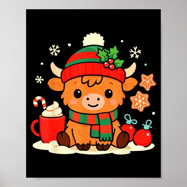 Poster Cute Christmas Highland Cow Heifer Xmas Farm Anima (Frente)