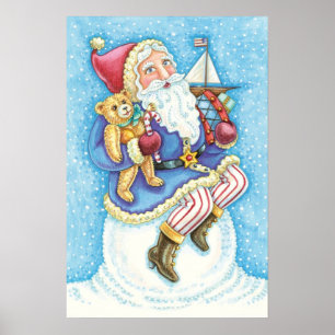 Póster Cute Christmas, Santa Claus on Snowball with Toys