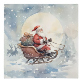 Póster Cute Christmas santa sleigh cozy Holiday Wall Art