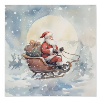 Póster Cute Christmas santa sleigh cozy Holiday Wall Art