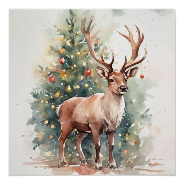 Póster Cute Christmas tree reindeer cozy Holiday Wall Art (Frente)