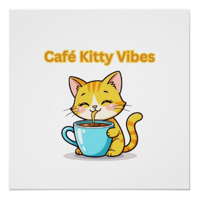 Póster **Cute Coffee Cat – Adorable Cat Drinking Coffee I (Frente)