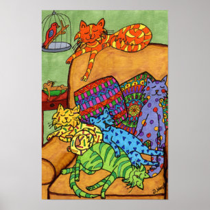 Póster Cute Colorful Drawing Cats Chair Napping Sleeping
