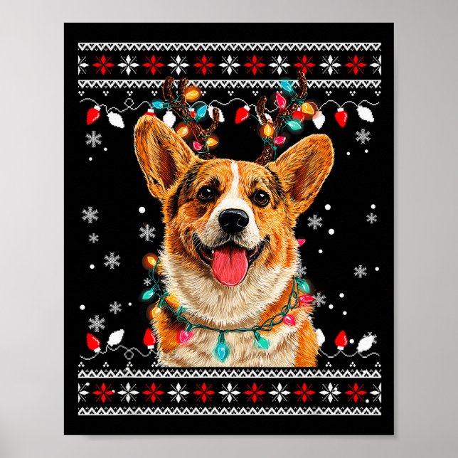 Poster Cute Corgi Dog Christmas Reindeer Santa Hat  (Frente)