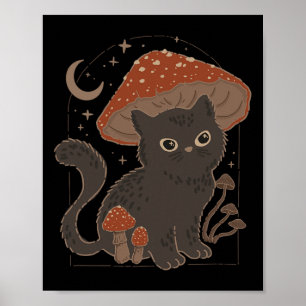 Poster Cute Cottagcore Cat Mushroom Hat Vintage Grunge Ae