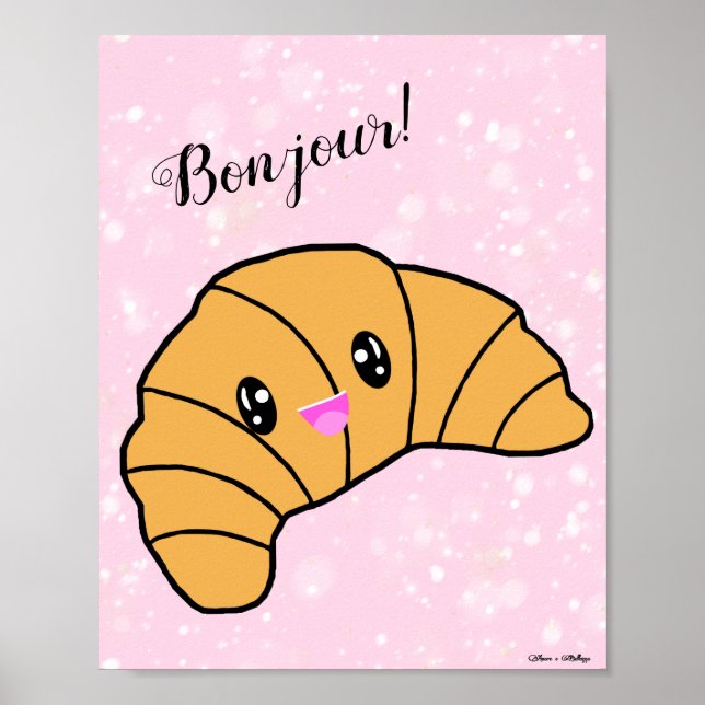 Poster Cute Croissant Bonjour Paris Bakery Café Rosa (Frente)