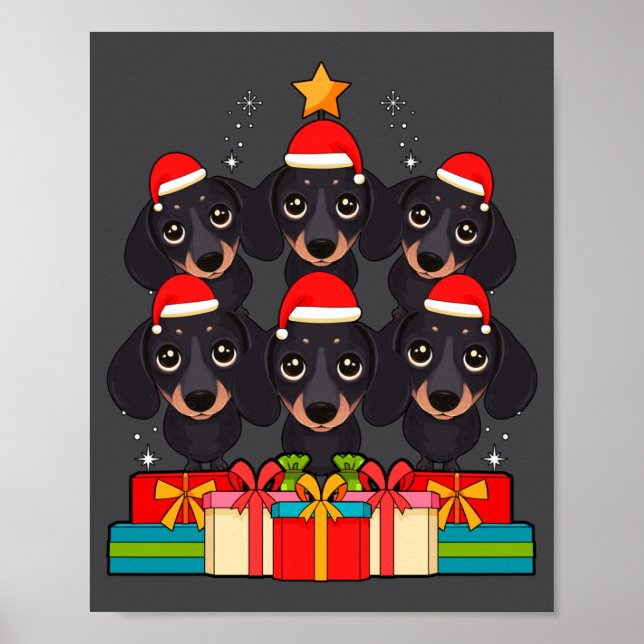 Poster Cute Dachshund Le Doxie Christmas Tree Xmas Hat Lo (Frente)