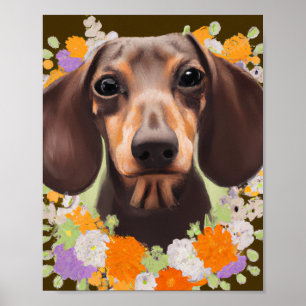 Poster Cute Dachshund Puppy em Flores Sala de Meninas