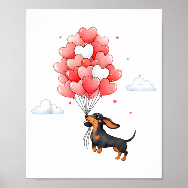 Poster Cute Dachshund Valentine Heart Balloon Dog Lover  (Frente)