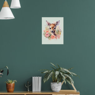 Poster Cute Deer Cercado Por Rosas