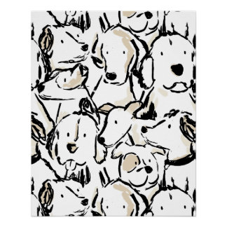 Póster Cute Dog Doodle Pet Sketch - Black and White Puppy